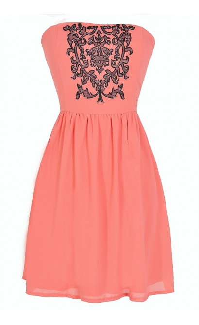 Filigree Embroidered Strapless Dress in Coral
